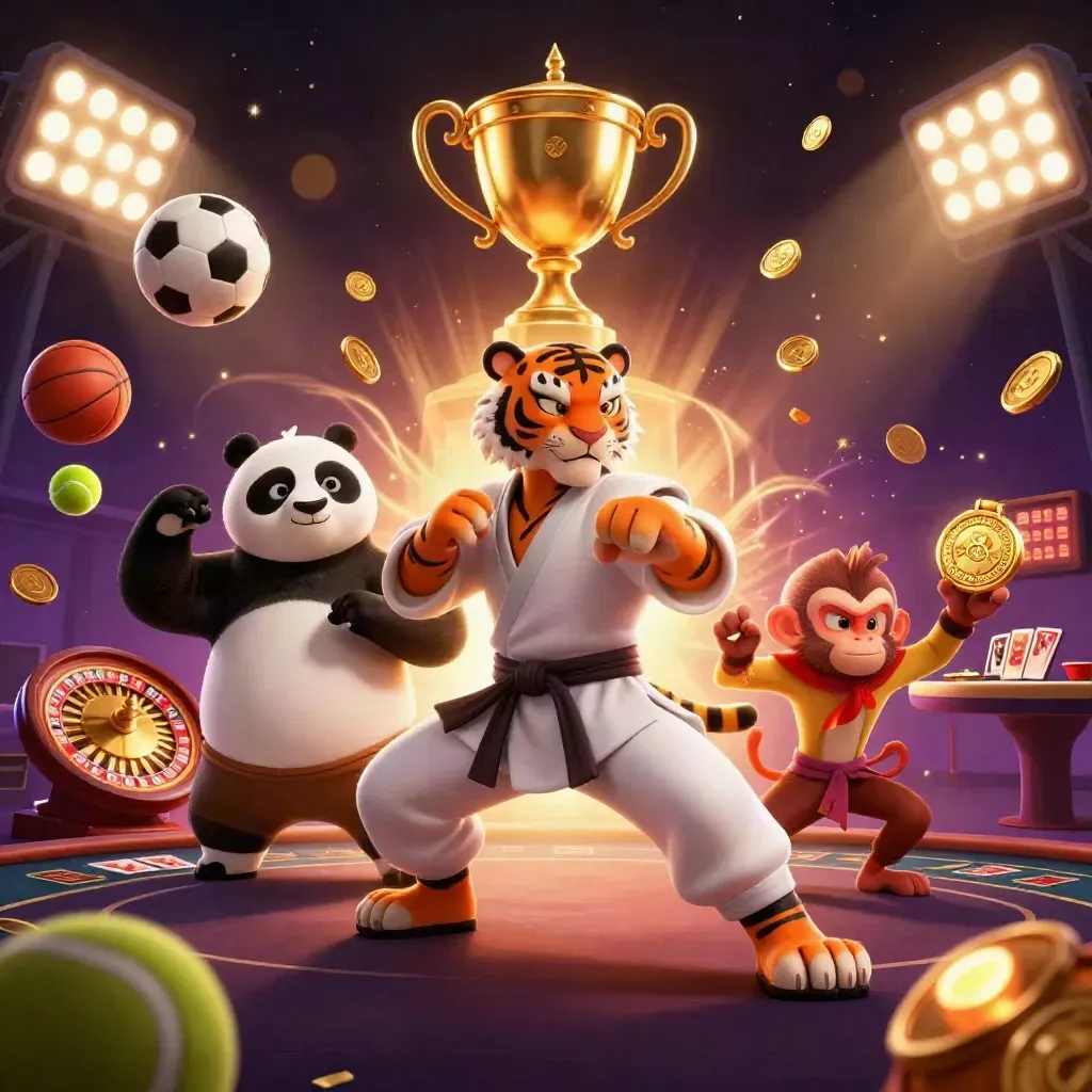 Kung-fu tiger, panda and monkey amid casino magic, trophies, coins, and stadium lights.