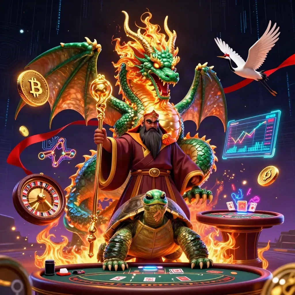Emerald dragon, turtle sage and cranes amid glowing coins, cards and neon casino energy.