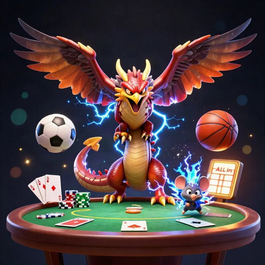 Thunder dragon, hawk, and mouse amid casino cards, chips, and sports balls