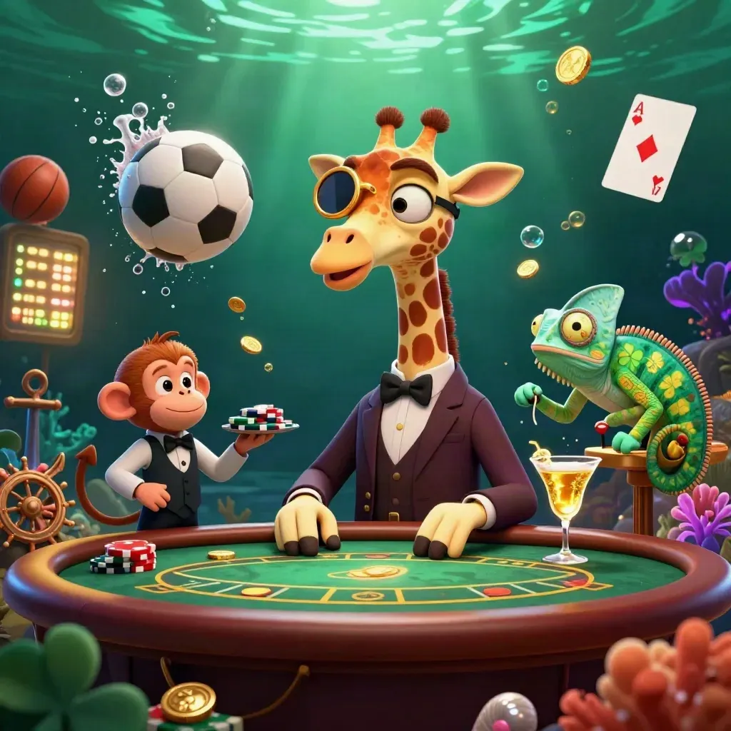 Cartoon giraffe, monkey and chameleon in a glowing underwater casino with flying sports balls.