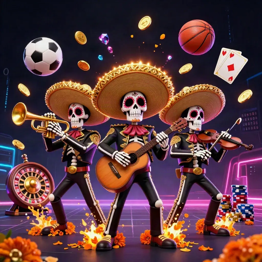 Skeleton mariachi trio with casino icons, spinning balls, and neon autumn energy on dark indigo.