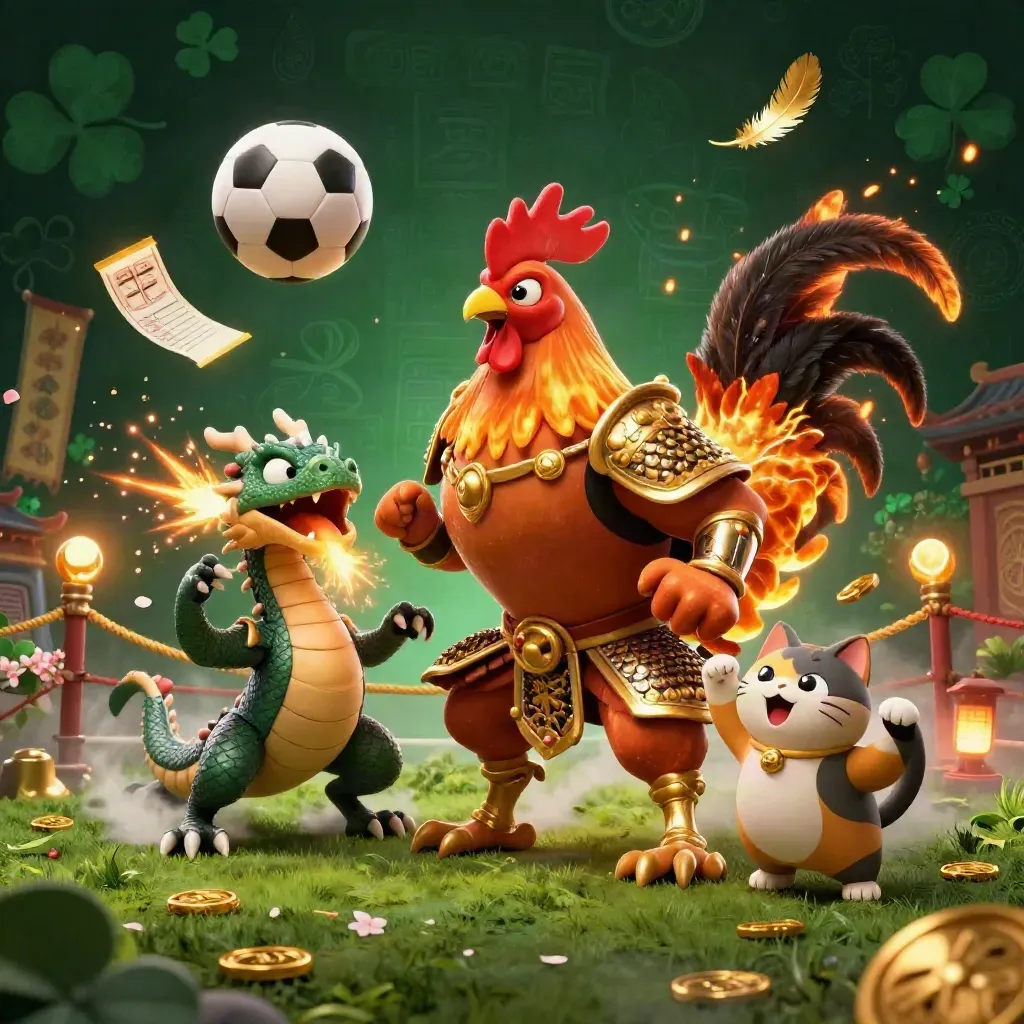 Rooster samurai, dragon hatchling and fortune cat amid autumn casino sparks, coins and blazing light.