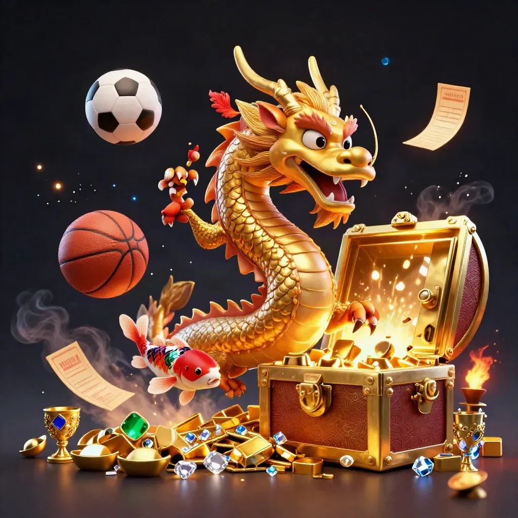 Golden dragon with phoenix and koi amid flying sports balls, treasure, and casino gold on dark luxe backdrop