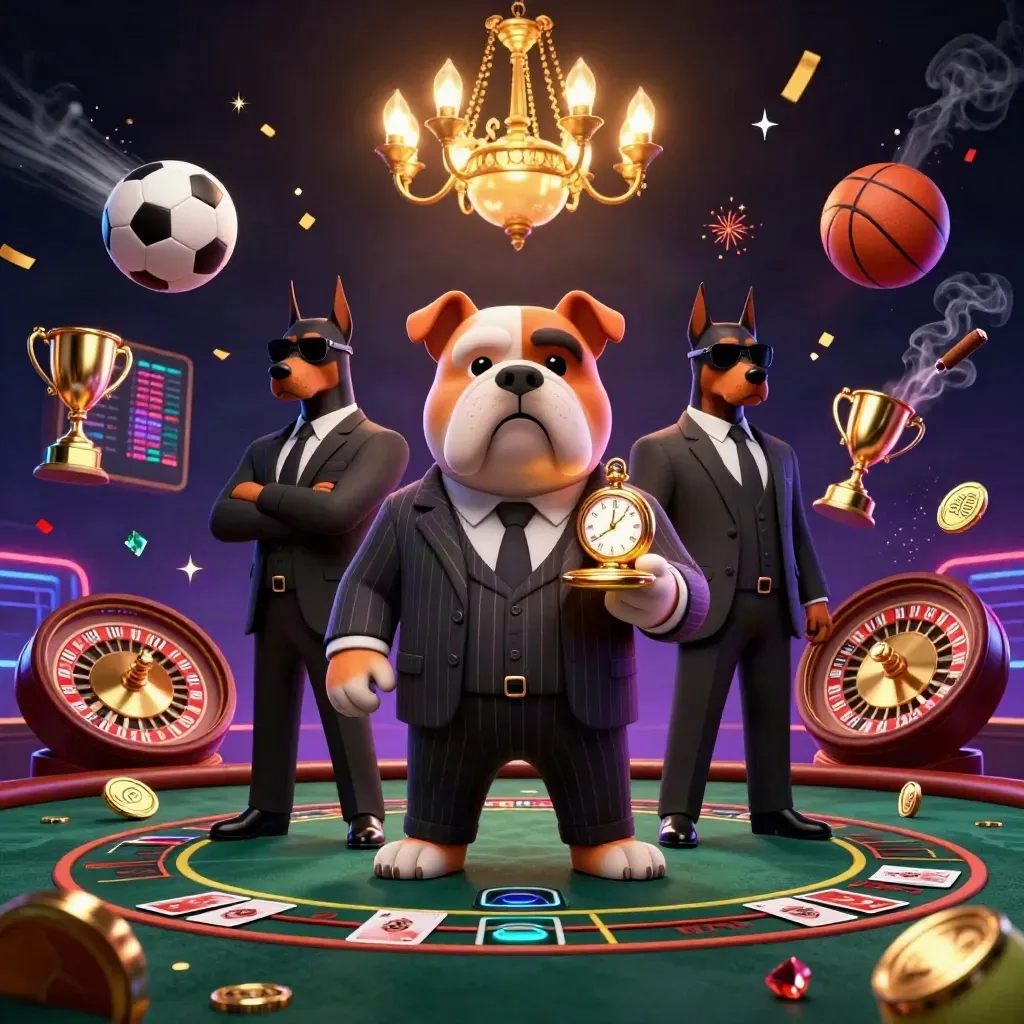 Bulldog boss and Dobermans amid neon casino sports chaos, gold, confetti, roulette, and luxury glow.