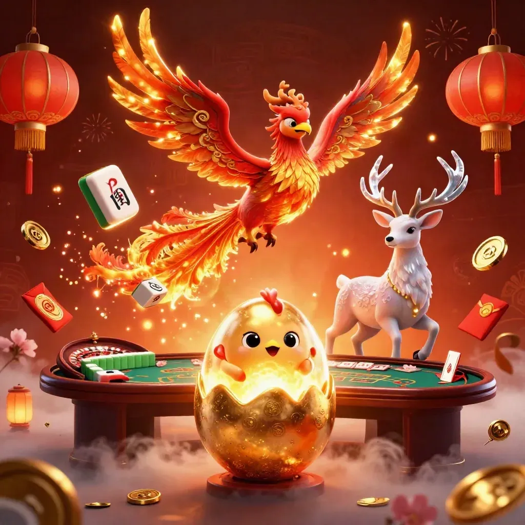 Phoenix, baby phoenix, and crystal-antler stag in a luxe casino scene with lanterns and gold coins.