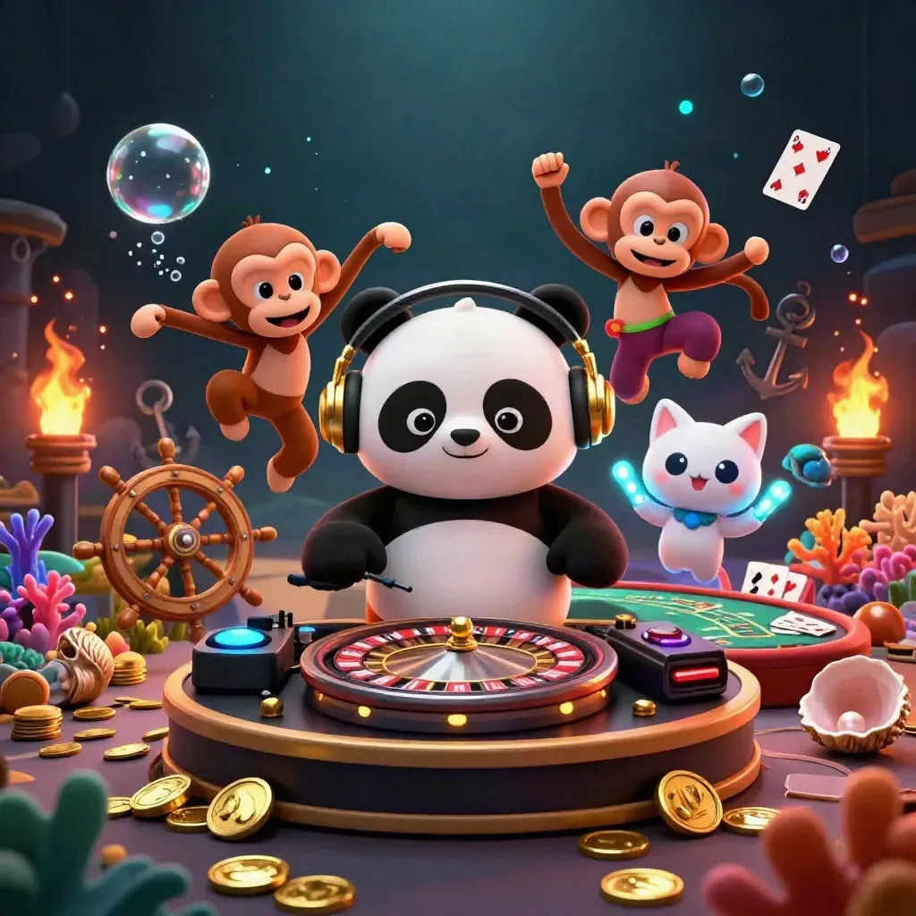 3D panda DJ, dancing monkey and glow-stick kitten amid casino treasure and coral glow