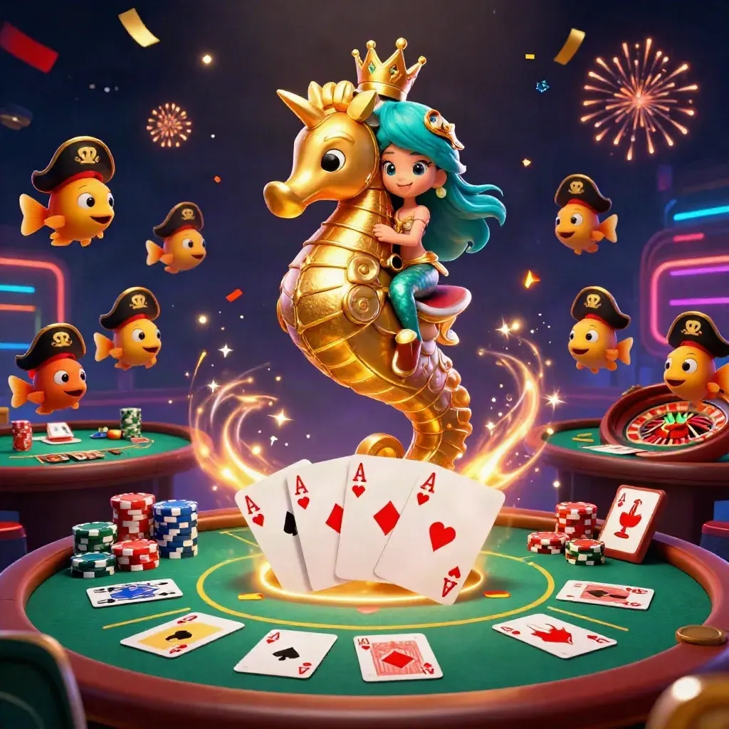Mermaid princess on a golden seahorse amid casino cards, chips, neon grid, confetti, fireworks