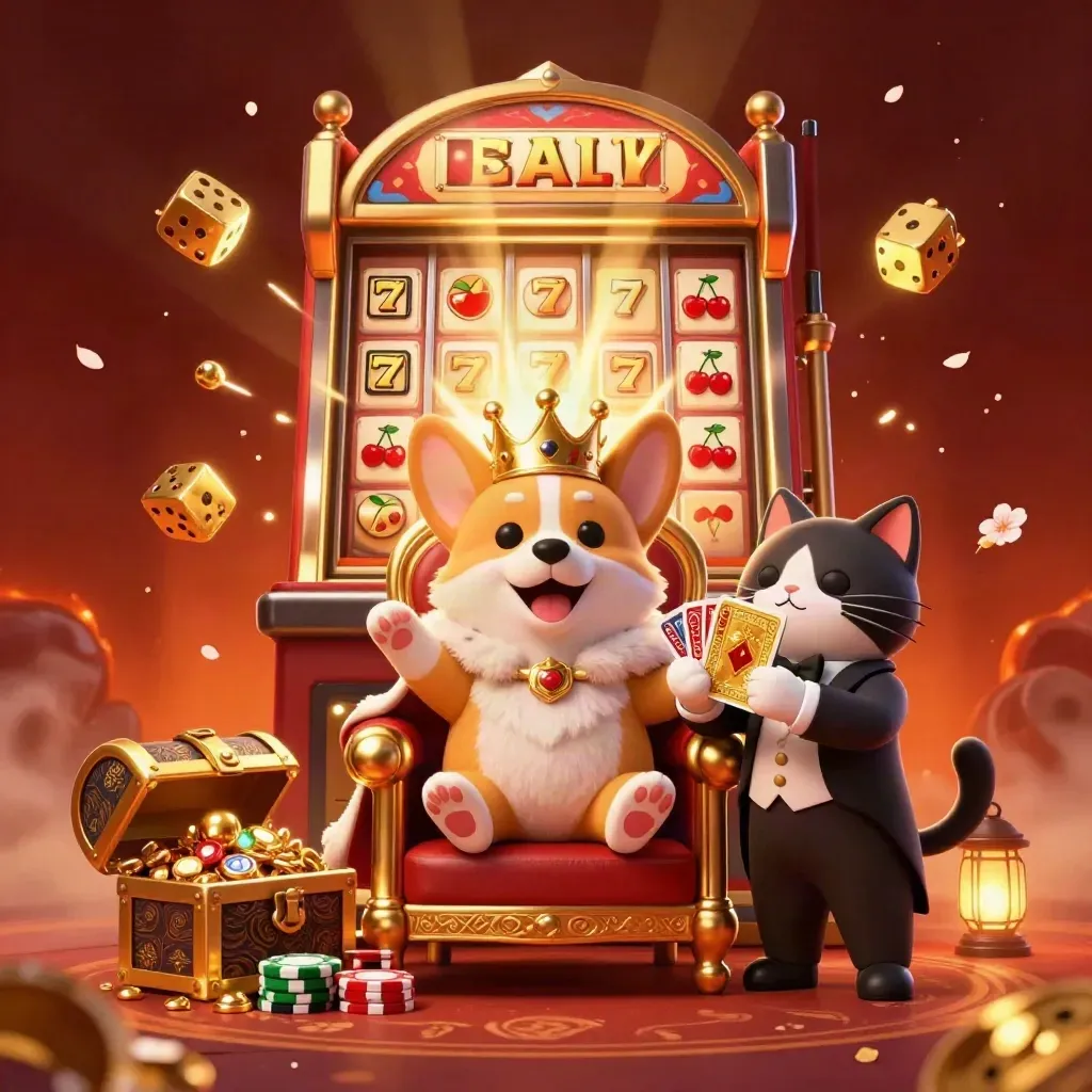 Royal corgi and cat butler amid a bursting slot machine, gold, gems, and autumn casino glow.