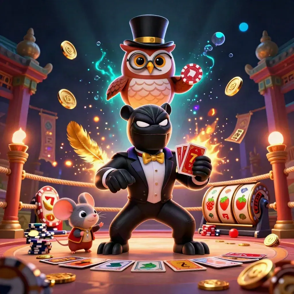 Black panther, owl, and mouse in a luxe casino scene with cards, chips, coins, embers, and neon effects