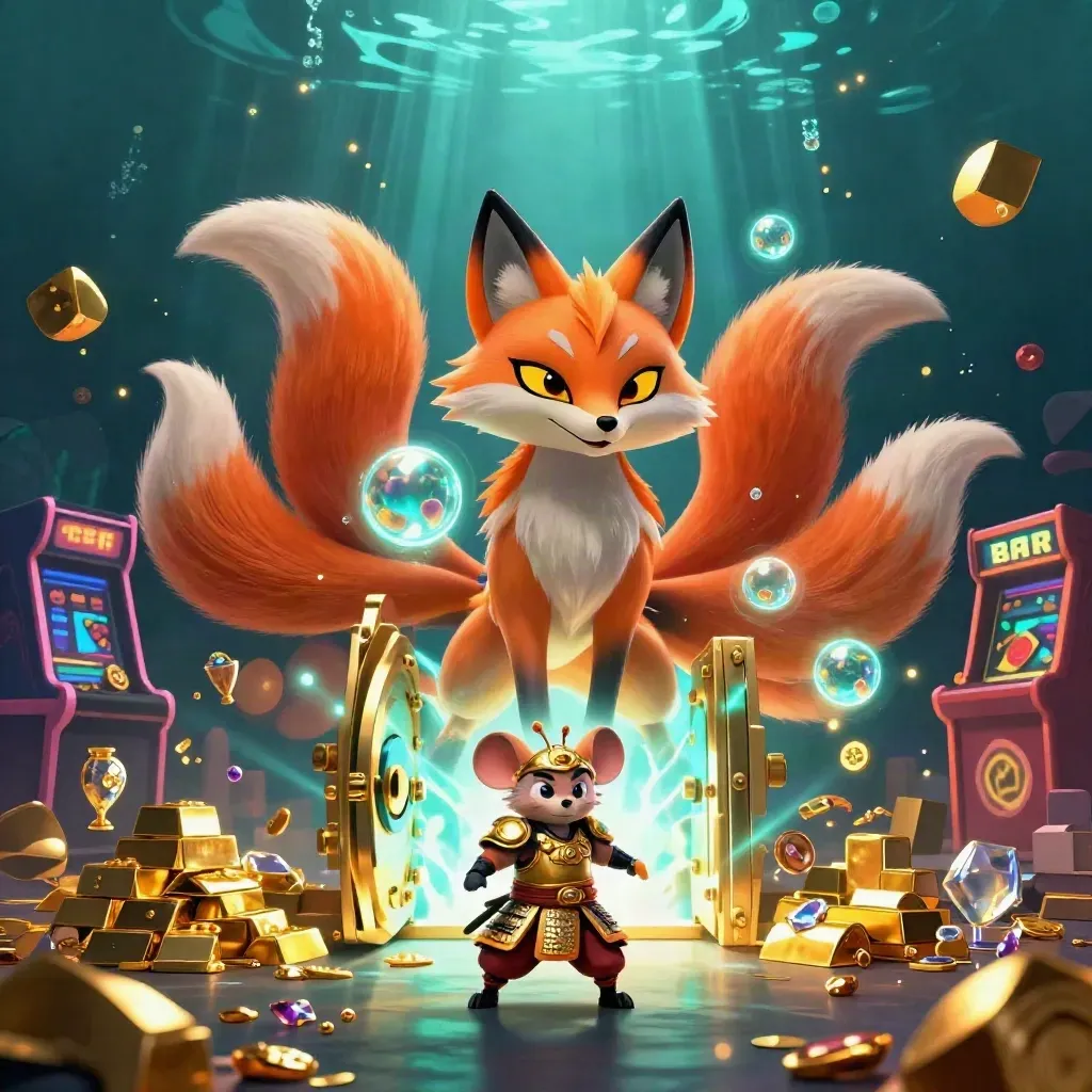 Nine-tailed fox spirit and golden mouse by an open vault amid gems and casino icons.