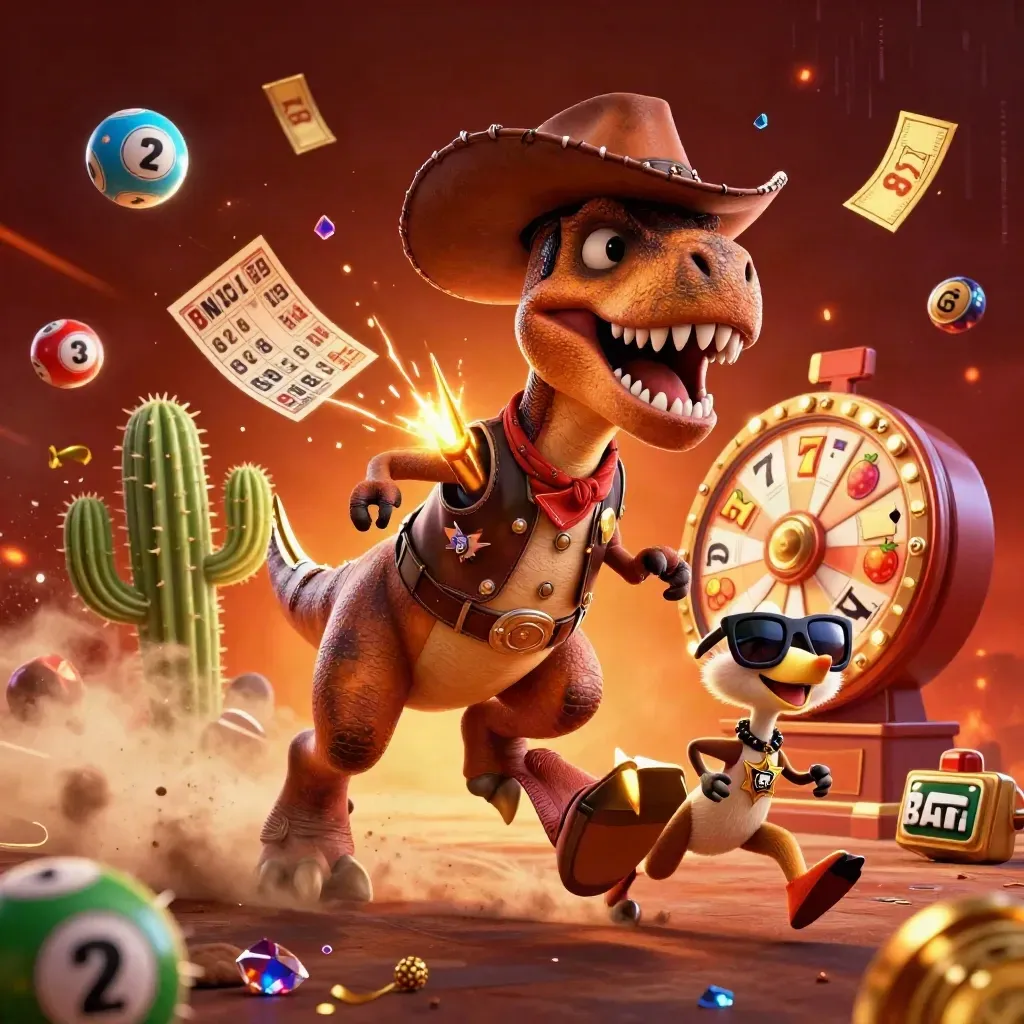 Cowboy T-Rex, cactus sidekick and sheriff roadrunner explode through casino treasure in autumn tones.