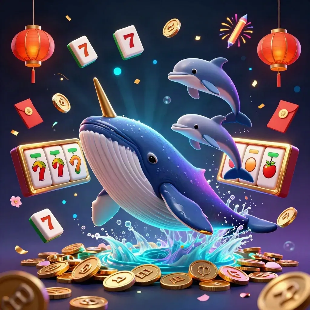 Whale captain, narwhal, and dolphins explode through casino coins with neon treasure and lanterns.