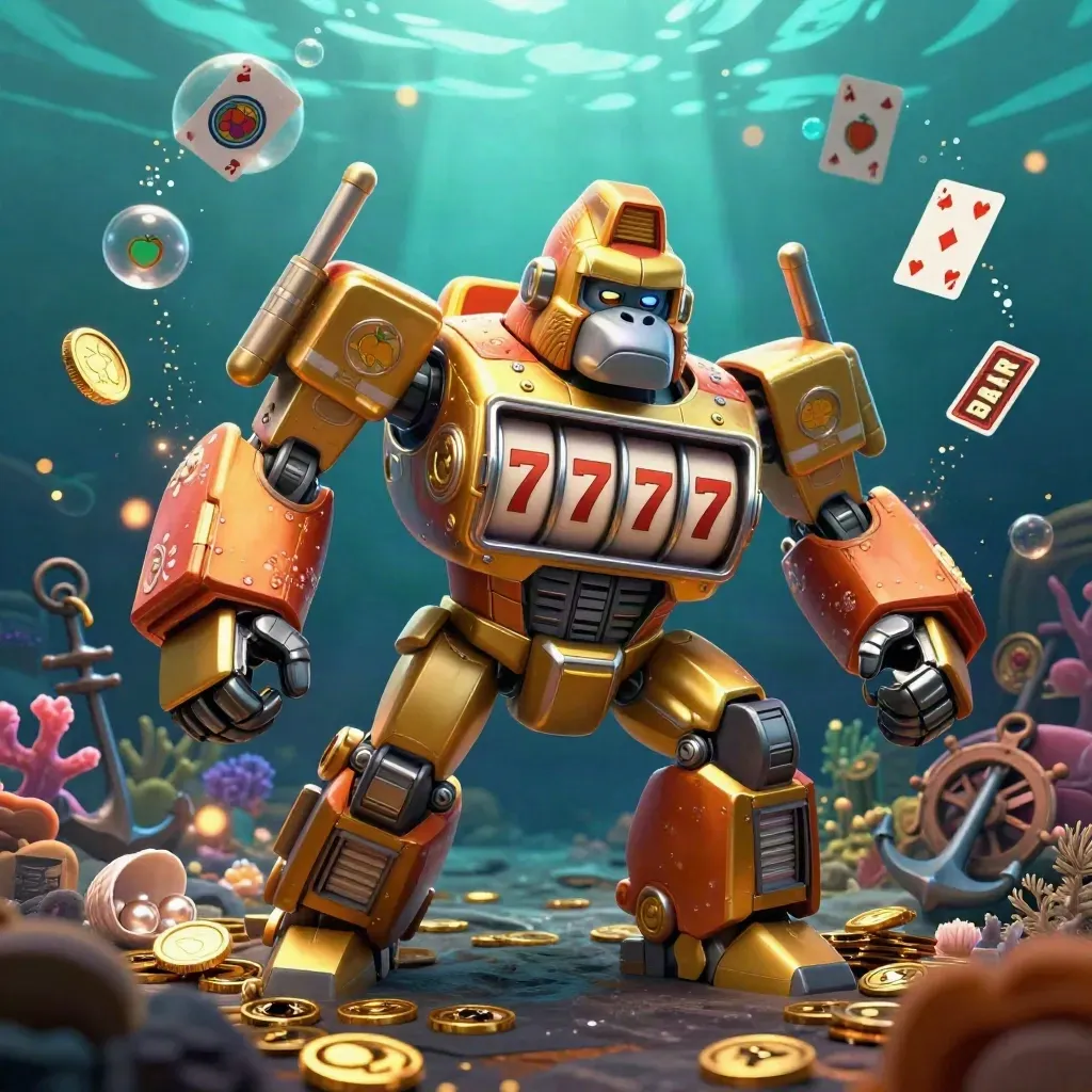 Golden gorilla slot-mech in an underwater treasure cove, with coins, cards, coral, and glowing rays.