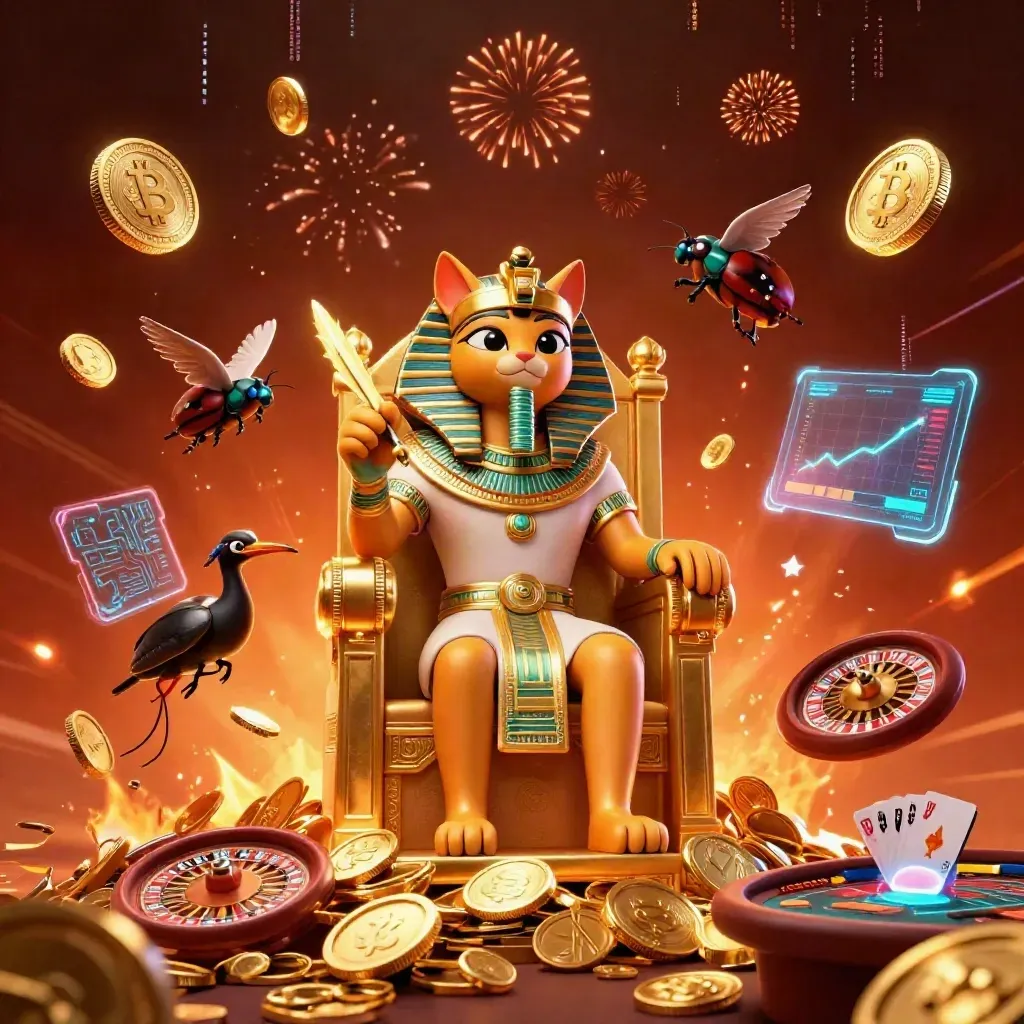 Pharaoh cat, ibis scribe, and scarabs amid coins, vault burst, charts, and casino fireburst