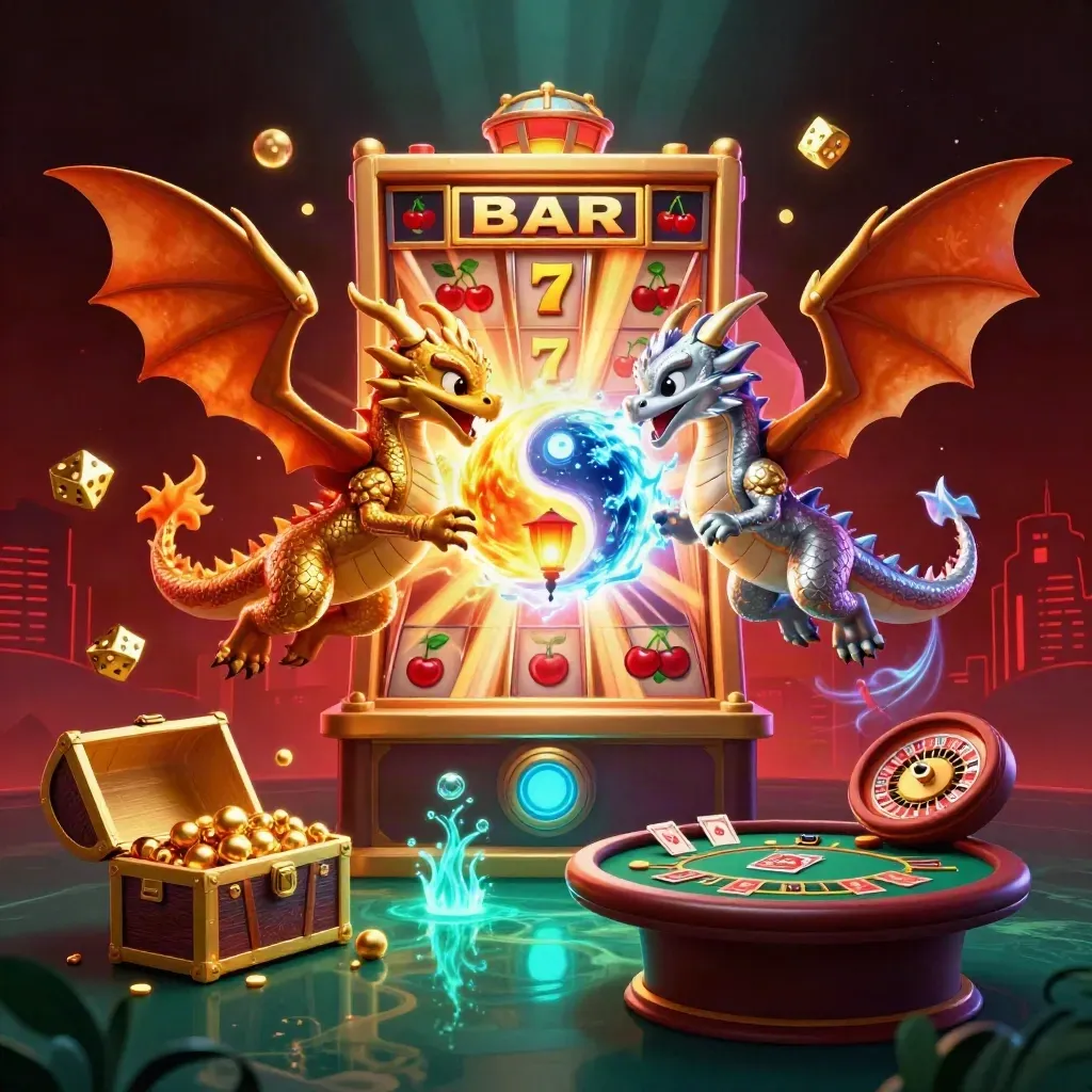 Twin dragons in a burst of casino treasure, fire, ice, coins, and slot symbols.