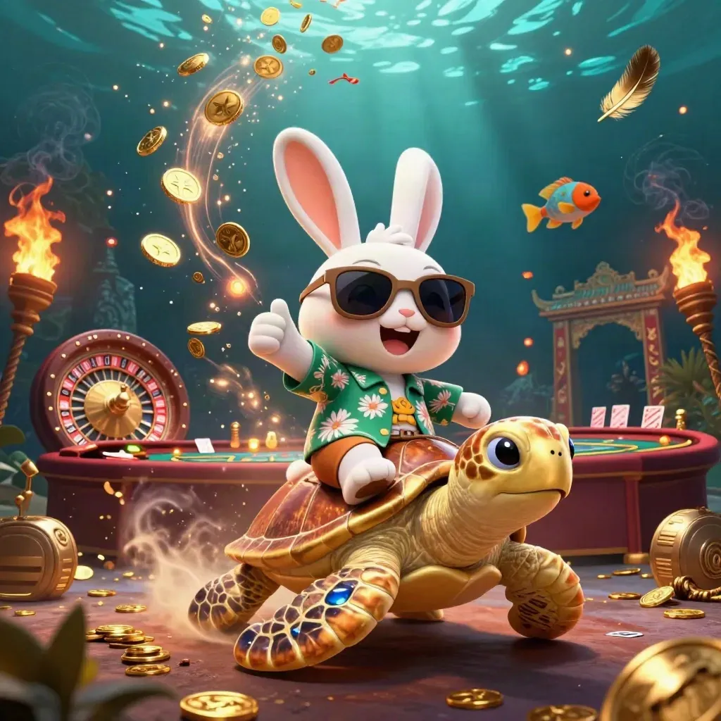 Lucky rabbit rides a gem-shell sea turtle amid coins, fireworks, and casino treasure