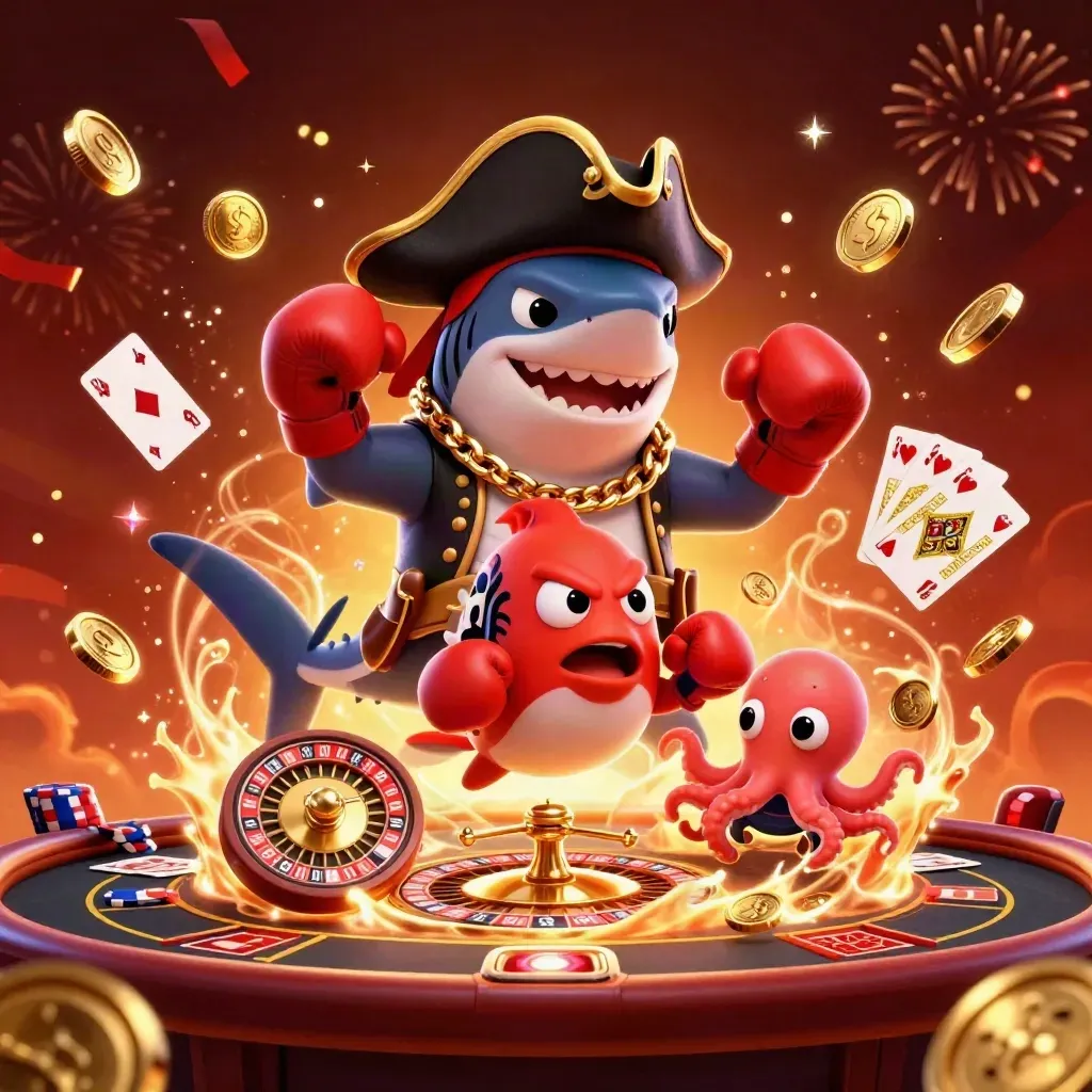 Pirate shark, boxing pufferfish, and coin-juggling octopus amid casino gold bursts and fireworks.