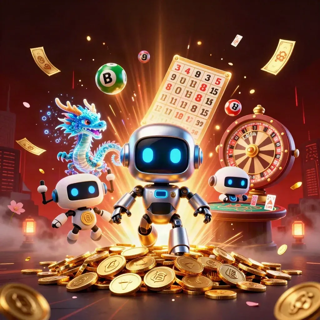 Robot mascot, holographic dragon, and coin drone amid casino treasures and autumn light.