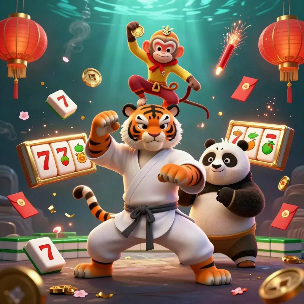 Tiger, panda, and monkey in a casino kung-fu burst with lanterns, coins, reels, and embers.
