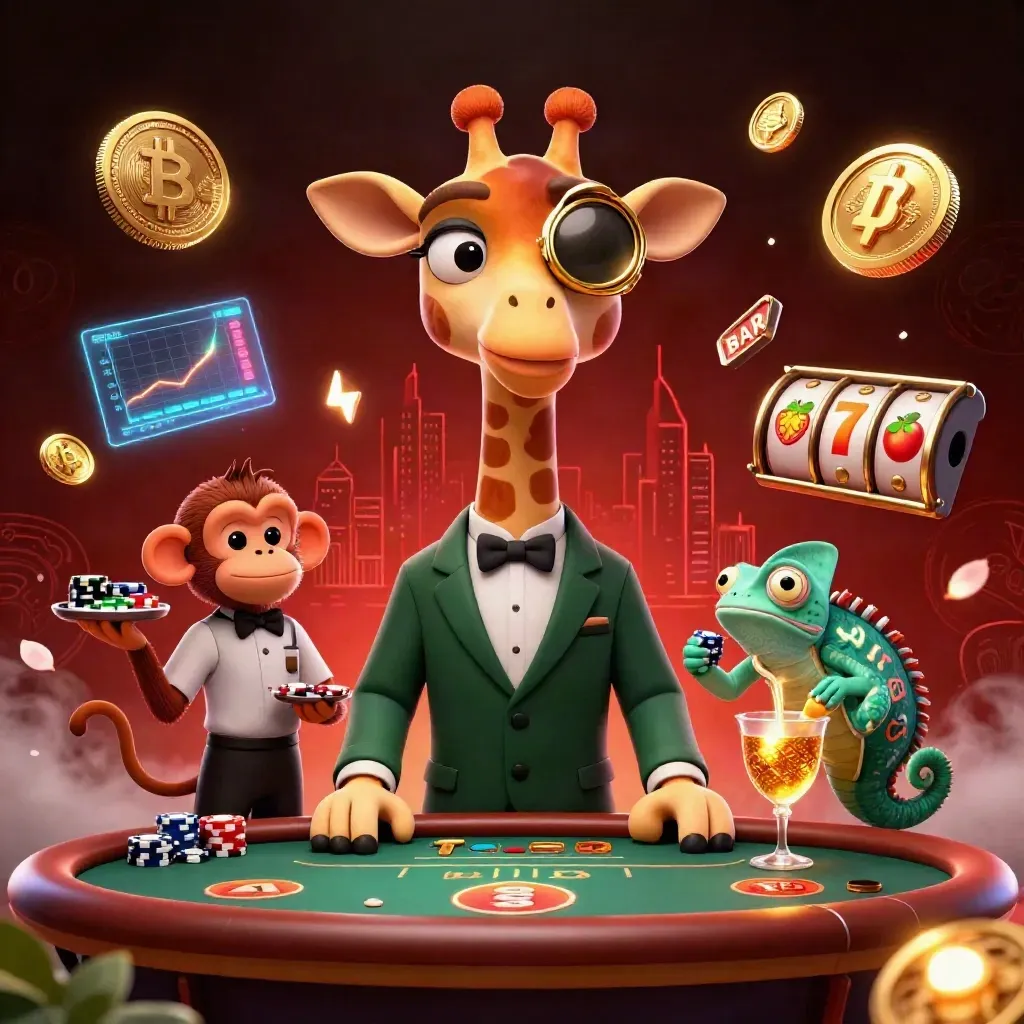 High-roller giraffe, monkey valet, and chameleon bartender in a glowing autumn casino scene.