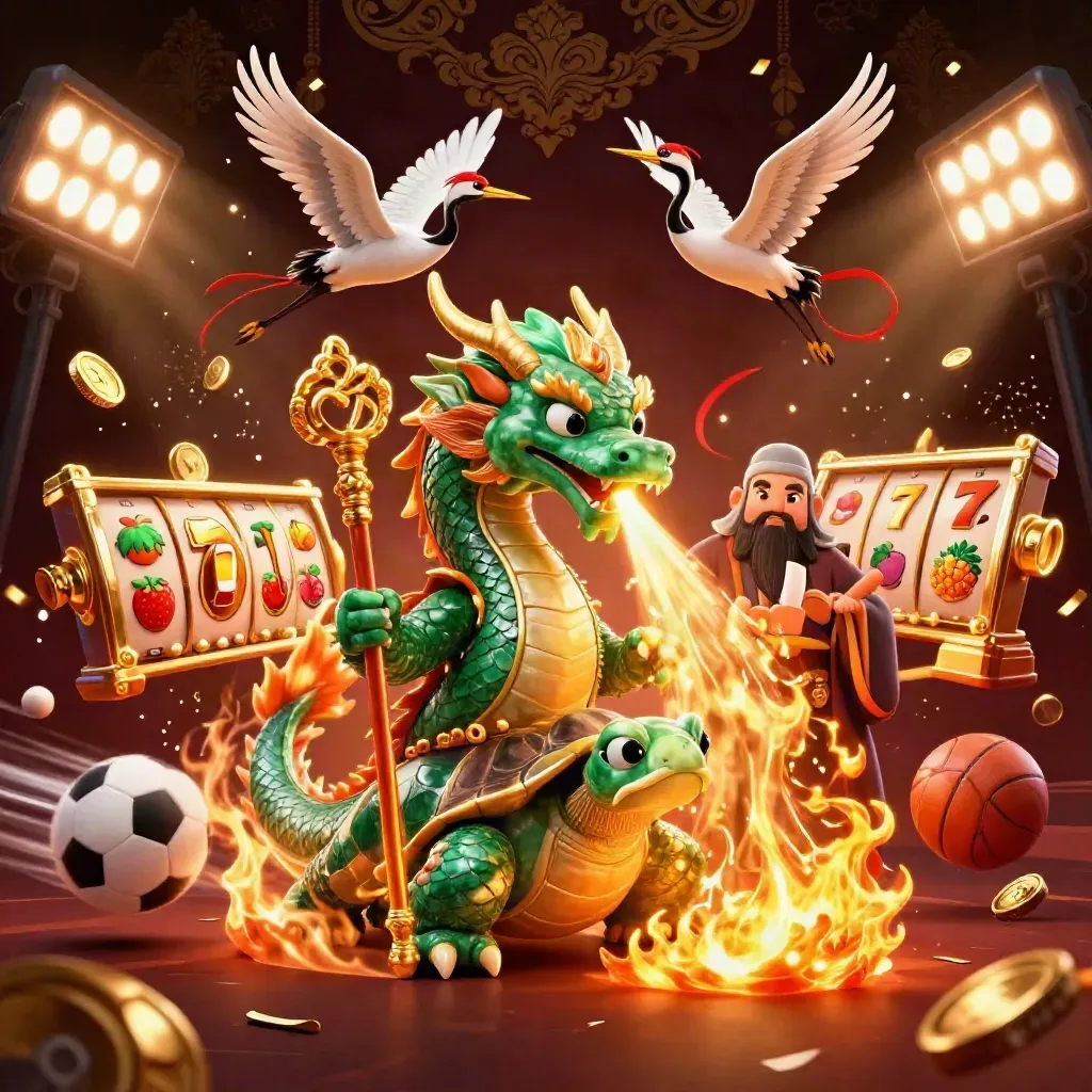 Emerald dragon, turtle sage, and cranes amid casino reels, coins, fire, and golden confetti.