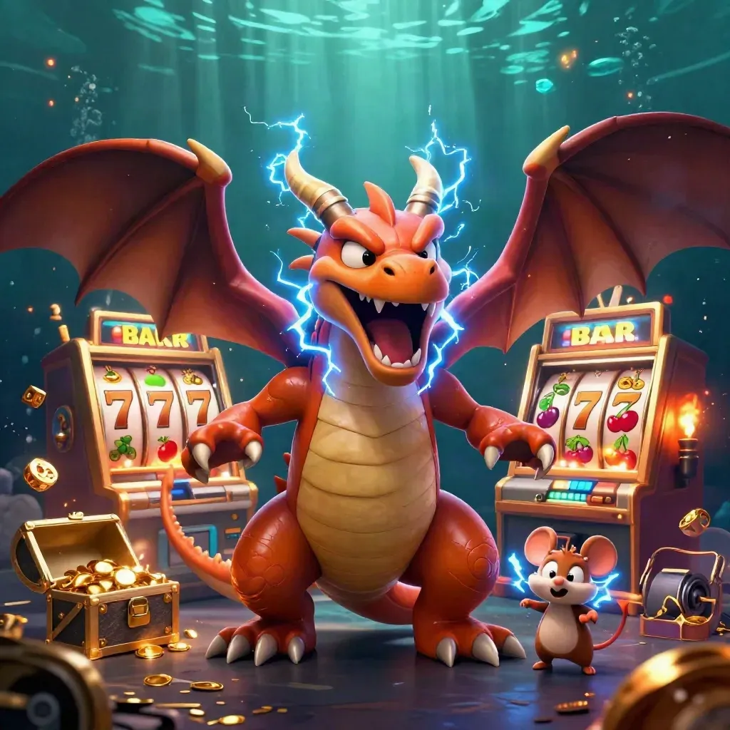 Thunder dragon, hawk and mouse erupt from a slot machine amid gold, lightning and ember glow.