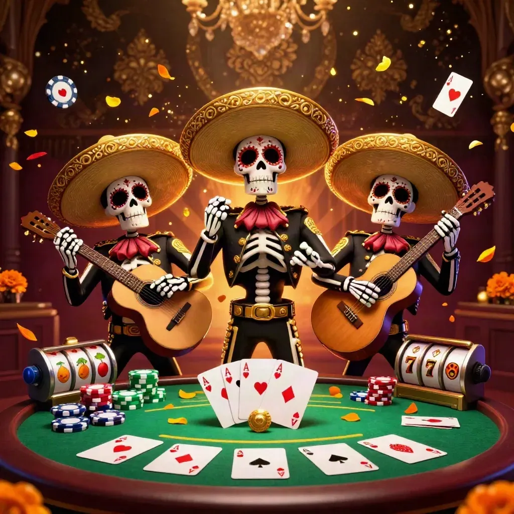 Festive skeleton mariachi trio with cards, chips, slot reels, and golden casino sparks.