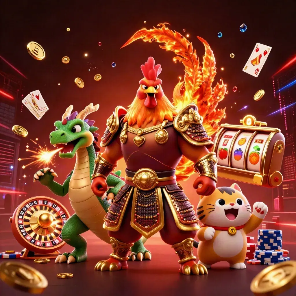 Rooster samurai, spark-breathing hatchling and fortune cat amid casino bursts on a dark luxe backdrop